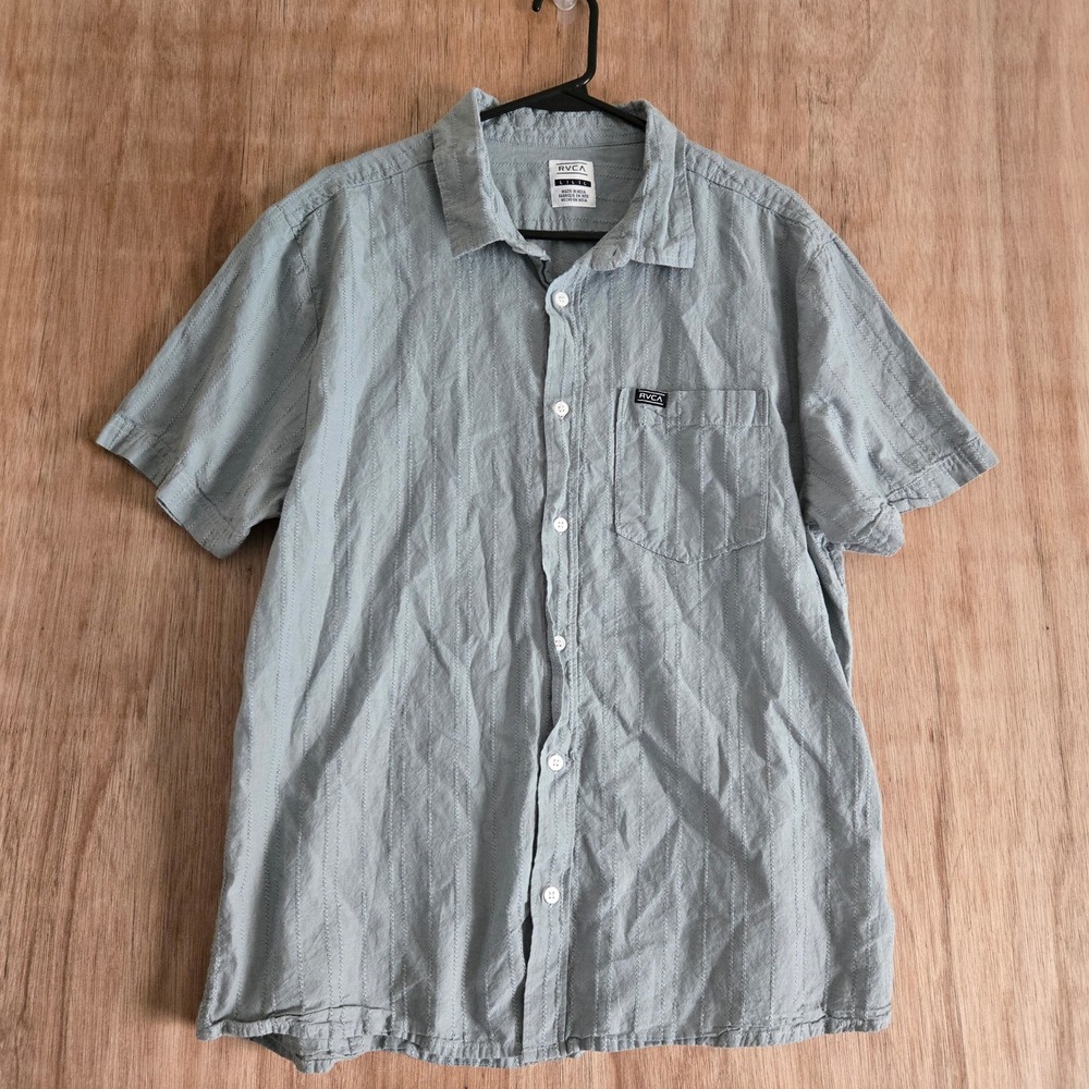 RVCA Mens Large Light Blue Textured Dobby Stripe Short Sleeve Button Down Shirt